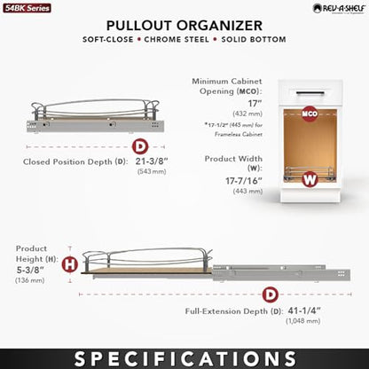 Rev-A-Shelf Pullout Organizer w/Soft-Close, Min Opening Width 17" - size: 21" Cabinet