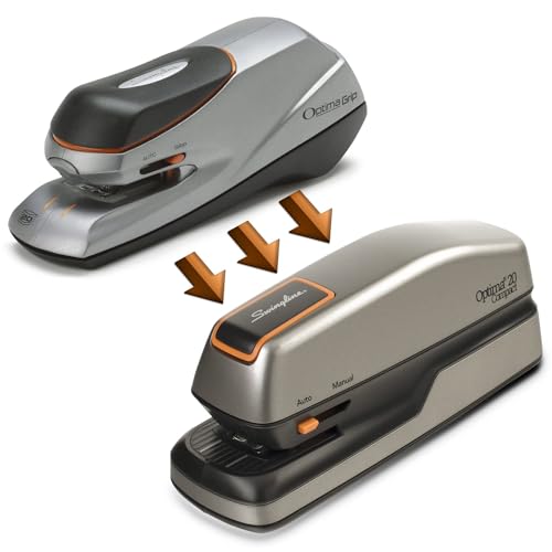 Swingline Electric Stapler, 20 Sheet Capacity, Optima 20, Jam Free, Compact, Automatic or Manual, Plug In or Battery, Orange and Gray (48207) - size: 20 Sheet, style: Half Strip (Compact) (Pack of 1)