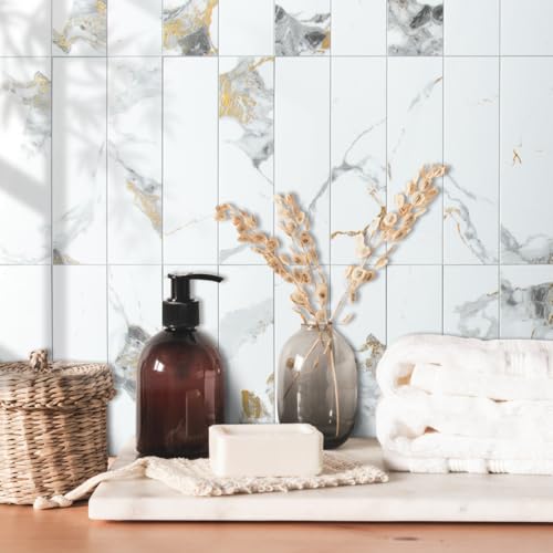AULIGET 40-Piece Polished White Marble with Gold Peel and Stick Backsplash Wall Tiles, 3" x 12" PVC Faux Stone Stick on Tiles for Backsplash Kitchen, Bathroom, Laundry Room, Camper, Fireplace - color: Polished White Marble & Gold, size: 40 Pieces, 3"x12"x