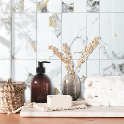AULIGET 40-Piece Polished White Marble with Gold Peel and Stick Backsplash Wall Tiles, 3" x 12" PVC Faux Stone Stick on Tiles for Backsplash Kitchen, Bathroom, Laundry Room, Camper, Fireplace - color: Polished White Marble & Gold, size: 40 Pieces, 3"x12"x