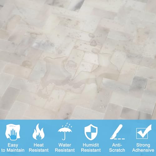 5-Sheet Genuine Marble Peel and Stick Backsplash — 11.7x11 3D Herringbone Real Stone Tiles, Waterproof & Heat-Resistant Self-Adhesive Panels for Kitchen, Fireplace & Vanity Decor (4.5 Sq. Ft.)