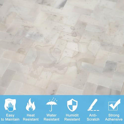 5-Sheet Genuine Marble Peel and Stick Backsplash — 11.7x11 3D Herringbone Real Stone Tiles, Waterproof & Heat-Resistant Self-Adhesive Panels for Kitchen, Fireplace & Vanity Decor (4.5 Sq. Ft.)