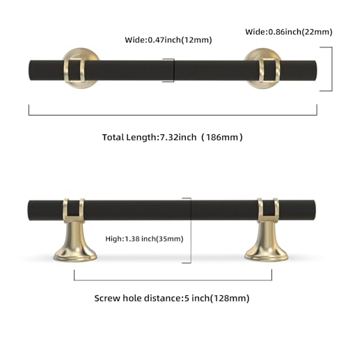 10 Pack 5 Inch Cabinet Pulls knurled Matte Black and Brushed Gold Kitchen Cabinet Handles Aluminum and Zinc Alloy Drawer Pulls Solid Cabinet Hardware - color: Black and Brushed Gold Knurled, size: 5'' Hole Center(128mm)