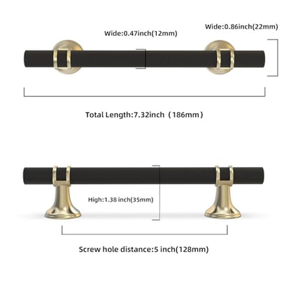 10 Pack 5 Inch Cabinet Pulls knurled Matte Black and Brushed Gold Kitchen Cabinet Handles Aluminum and Zinc Alloy Drawer Pulls Solid Cabinet Hardware - color: Black and Brushed Gold Knurled, size: 5'' Hole Center(128mm)