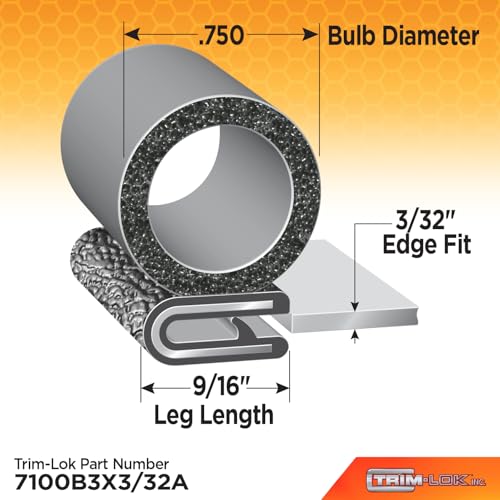 TRIM-LOK Trim Seal, Edge Trim with Side Bulb, Fits 0.750-Inch Bulb, 3/32-Inch Edge, 9/16-Inch Leg, 25-Foot Length, Black Pebble Finish, Flexible PVC Plastic Trim with EPDM Rubber Weather Stripping - style: 0.750" Bulb, 3/32" Edge, 9/16" Leg, 25 Feet