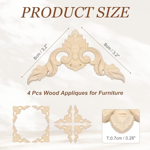 MECCANIXITY 4Pcs Corner Wood Appliques 3.2x3.2 Decorative Wood Small Leaf - size: 3.2 x 3.2 Inch
