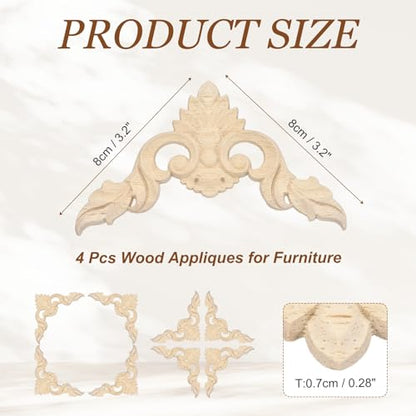 MECCANIXITY 4Pcs Corner Wood Appliques 3.2x3.2 Decorative Wood Small Leaf - size: 3.2 x 3.2 Inch