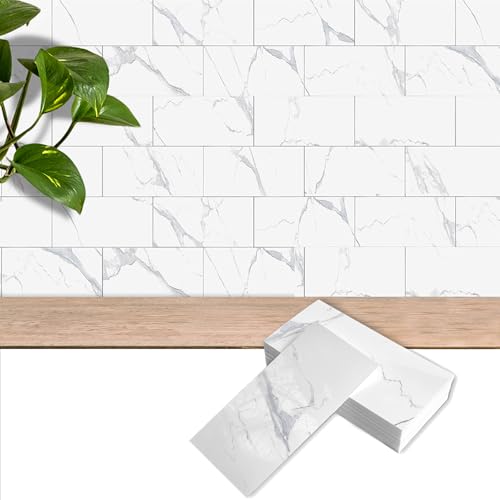 4 Sheets Calacatta White Marble Look Peel & Stick Subway Tile 4"x8" - color: Calacatta White, size: 4 Pcs 4" x 8" x 0.07"