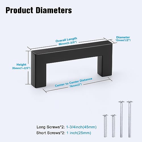 KNOBWELL 20 Pack| 3 inch Black Kitchen Cabinet Handles, Stainless Steel Cabinet Pulls 76mm, Matte Black Cabinet Handles for Dresser Drawer Cupboard Closet Nightstand - color: Matte Black, size: Hole Center:3 inch(76mm)