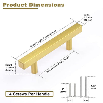 Estmoon 30 Pack Brushed Brass Cabinet Handles 3 Inch Gold Cabinet Pulls Modern Square Drawer Pulls Brass Gold Dresser Pulls Hardware Kitchen Handles for Cabinets and Drawers, 5" Total Length - color: Brushed Brass