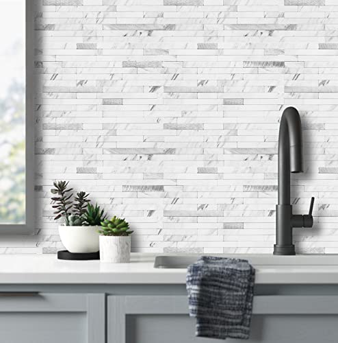 AULIGET 20 Sheets Faux Stone Peel and Stick Backsplash, White Marble Look PVC Wall Tiles Stick on Backsplash for Kitchen - color: Marble White + Metal Silver, size: 20 Sheets, 6"x12"x0.12"