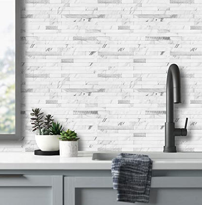 AULIGET 20 Sheets Faux Stone Peel and Stick Backsplash, White Marble Look PVC Wall Tiles Stick on Backsplash for Kitchen - color: Marble White + Metal Silver, size: 20 Sheets, 6"x12"x0.12"