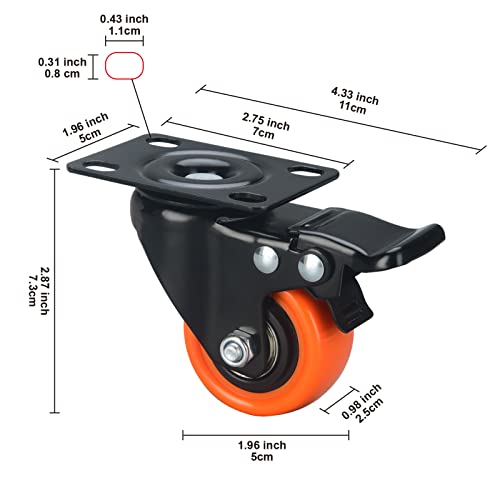 2" Caster Wheels Set of 4, Heavy Duty with Brake - color: Orange, size: 2 Inch