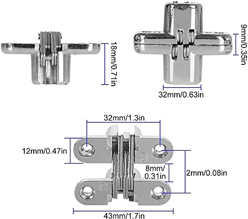 10 Packs Hidden Door Hinges 10 Pack Concealed Cross Hinge Invisible 180 Degree Hinges Swing Coss Invisible Hinge for Cabinets, 0.47'' Leaf Width, 1.7" Leaf Hight
