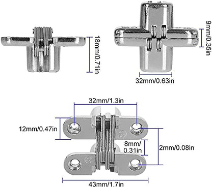 10 Packs Hidden Door Hinges 10 Pack Concealed Cross Hinge Invisible 180 Degree Hinges Swing Coss Invisible Hinge for Cabinets, 0.47'' Leaf Width, 1.7" Leaf Hight