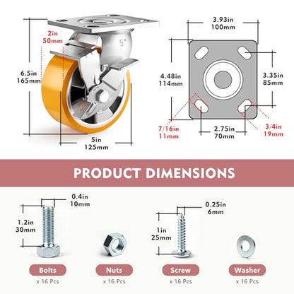 5 Inch Heavy Duty Casters Set of 4, Industrial Locking Casters 5000lbs Load Capacity, Plate Swivel Castor Wheels for Heavy Duty Carts, Workbench, Equipment, Platform Truck (Orange) - style: 5″ With brake