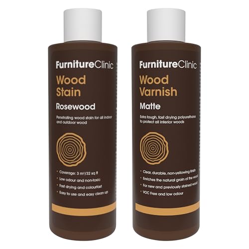 Furniture Clinic 8.5oz Rosewood Wood Stain + 250ml Matte Wood Varnish | Water Based | Fast Drying, Low Odor, & Non-Toxic | for Indoor & Outdoor Furniture and More