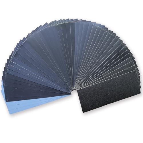 50PCS Sandpaper Assortment, Aeknewo Sand Paper Sheets 120 to 3000 Assorted Grits, 9 x 3.6 Inch Premium Wet Dry Sanding Paper for Wood Furniture Finishing, Metal Sanding, Automotive Polishing - size: 9 x 3.6 inches