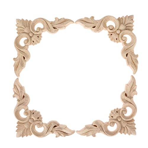 4Pcs Wood Carved Appliques Onlays Unpainted Little Wooden Corners Decals - size: 8 x 8 cm