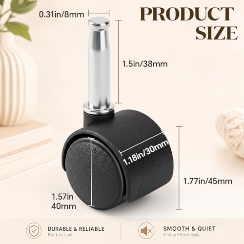BBTO 8 Pcs 1.5 Inch M8 Swivel Stem Casters Wheels Replacement, M8 Grip Neck Stem Caster, Heavy Duty 360° Standing Desk Wheels, No Noise, Black Nylon, for Cart Furniture Table Cabinet Shelf - size: 1.5 Inch X M8 x 30 mm, style: Grip Neck, No Brake