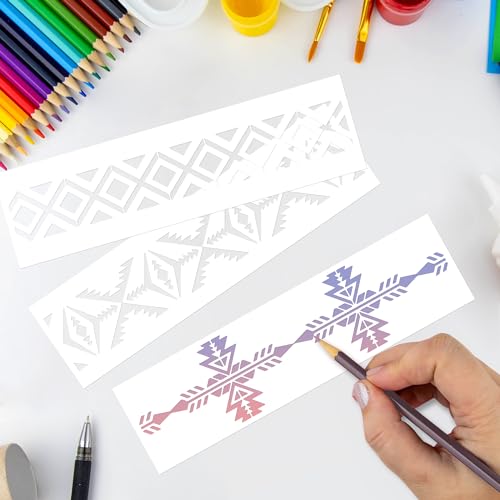 Keluna Aztec Stencils - 12 Pcs Boho Borders Pattern Stencils for DIY Wall & Wood Canvas Painting - style: aztec