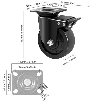 W B D WEIBIDA 5-inch Swivel Plate Caster Wheels Set of 4 Heavy Duty, Load Capacity 9900lbs, Extra Width Wheel & Steel Industrial Caster with Brake, Endurance &Quiet &Sturdy Nylon Wheels for Equipment - style: 5 inch(Metal)