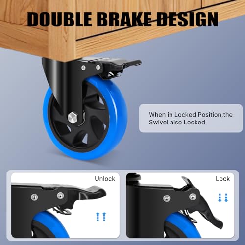 5 Inch Casters Wheel Set of 4, 2200 Lbs Heavy Duty Casters, Safety Locking Industrial Casters with Brake, No Noise Plate Wheels for Cart, Workbench, Furniture (Free Hardware Kits) - size: 5inch