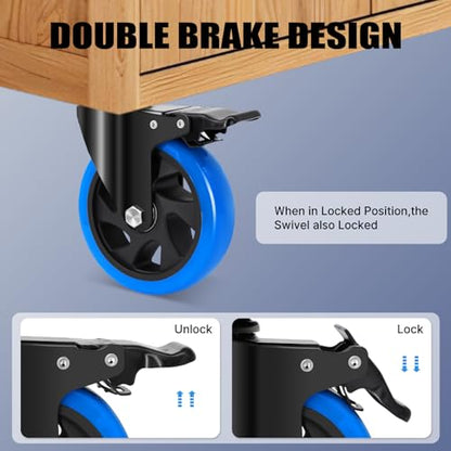 5 Inch Casters Wheel Set of 4, 2200 Lbs Heavy Duty Casters, Safety Locking Industrial Casters with Brake, No Noise Plate Wheels for Cart, Workbench, Furniture (Free Hardware Kits) - size: 5inch