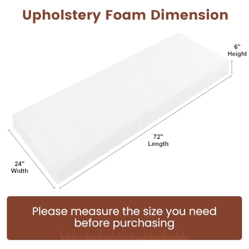 Upholstery Foam 6" x 24" x 72", 1PC High Density ﻿Foam Couch Padding - size: 6" x 24" x 72"