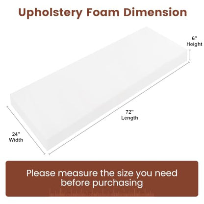 Upholstery Foam 6" x 24" x 72", 1PC High Density ﻿Foam Couch Padding - size: 6" x 24" x 72"
