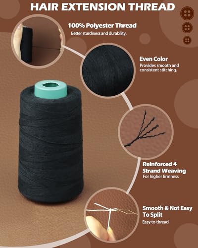 FIVEIZERO 900yd Black Sew in Hair Extension Thread and 30pcs T/C/J/I Needle - color: 900yd-black