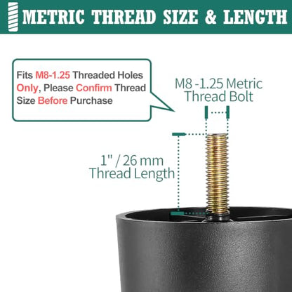 4pcs Plastic Furniture Legs 6-1/4" with T-Nuts, M8-1.25 Bolt - size: 6-1/4 Inch, M8-1.25 Metric Thread Bolts
