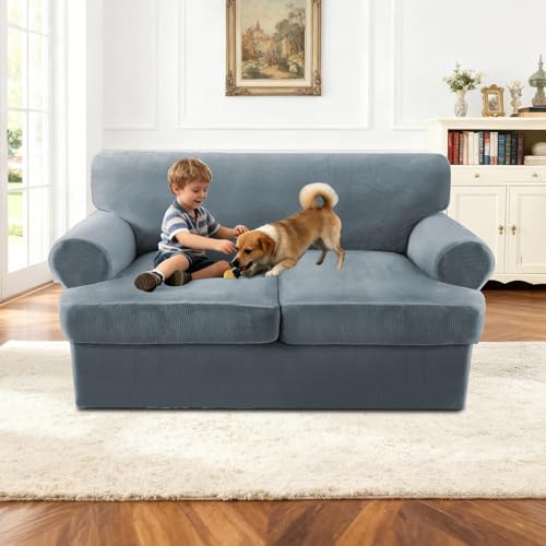 Sofa Cover 3 Piece T Cushion Loveseat Covers for 2 Cushion Couch Thick Velvet Couch Cover Stretch Furniture Covers with 2 Individual T Cushion Covers, Washable (2 Cushion Loveseat, Stone Blue) - color: Stone Blue, size: Loveseat (2 Cushion)