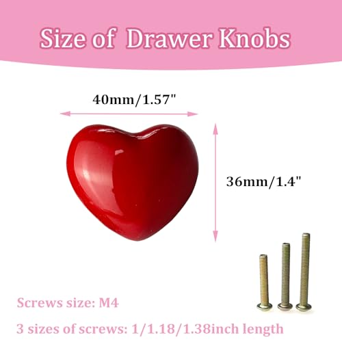 4Pcs Red Drawer Knobs, Heart Cabinet Knobs and Pulls - color: Red