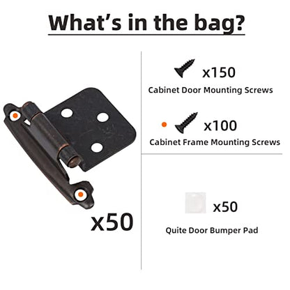 Decobasics Oil Rubbed Bronze Cabinet Hinges for Kitchen Cabinets (2 Pair -4 Pcs) -1/2" Overlay -Self Closing Cabinet Hinges Flush Mount w/Cupboard Silicon Bumpers & Upgraded Screws - color: Oil Rubbed Bronze, size: 4 Pack