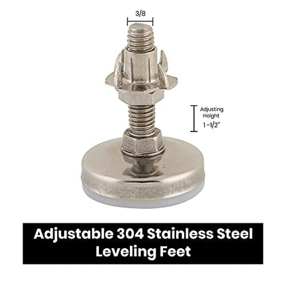 Stainless Steel Outdoor Leveler Kit- (4) 3/8-16 Leg Levelers for Cabinets, Patio Furniture, and Table Legs - Adjustable Height Leveling Feet with Jam Nuts to Stabilize Feet (Kit with 4 Prong T-Nuts)