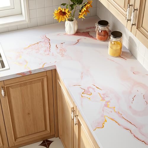 15.7x317 Marble Peel and Stick Wallpaper Pink Contact Paper Marble Pink White and Gold Wallpaper Renter Friendly Vinyl Countertop Wrap for Kitchen Cabinets Doors Desk Waterproof Removable