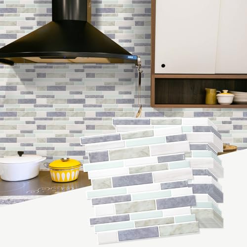 STICKGOO Thicker Design Peel and Stick Tile Backsplash, 12”×12” Stick on Backsplash for Kitchen, Self Adhesive Tile Stickers for Kitchen Backsplash and Bathroom(10 Sheets, Gray Aqua) - color: Gray Aqua