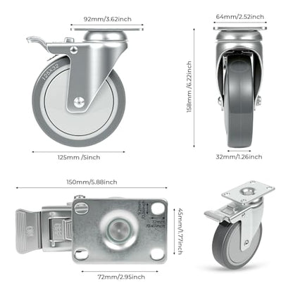 5 Inch Swivel Casters Set of 4 with 2 Brake, Heavy Duty Grey Polyurethane Wheels, 360-Degree Silent Smooth Rotation, 1240 lbs Capacity 4-Pack for Carts, Industrial Equipments, Workbench - style: 5 Inch