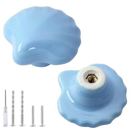 2pcs Ceramic Shell Blue Drawer Knobs, Cute Cabinet Pulls for Kids - color: Blue + Shell Shape, size: 2 Pack