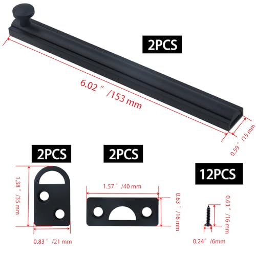 Bitray Slide Bolt Latch of Copper 6 Inch Equipped with Strike Plate&Screws Black Retro Track Door Bolts 2 Sets - style: 2pcs/Black/6inch