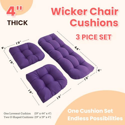 Wicker Chair Cushions 3 Piece Set, Waterproof Outdoor Cushion for Patio Furniture, Loveseat and U-Shaped Wicker Furniture Cushions, Puple - color: Puple
