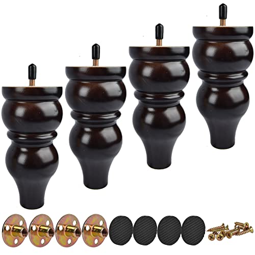 6 inch Solid Wood Furniture Turned Legs with M8 Bolts 4PCS Black - color: Black