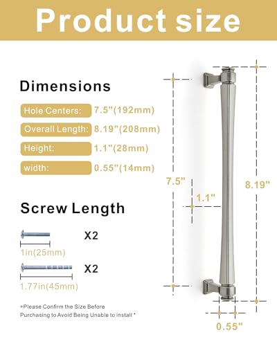 LIMUR 10 Pack 7.5 Inch (192 mm) Hole Center Brushed Satin Nickel Cabinet Pulls – Solid Zinc Alloy Kitchen Cabinet Handles, Drawer Pulls for Bathroom Vanity, Dresser & Wardrobe, M4 Screws Included - color: Brushed Satin Nickel, size: 7.5"/192 MM Hole Cente