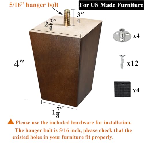 Wood Furniture Legs, 4 inch Sofa Legs, Square Couch Legs Pack of 4, Wood Legs for Table w/Pre-drilled Hanger Bolt - size: 4 inch (4pcs) Standard (With hanger bolt)