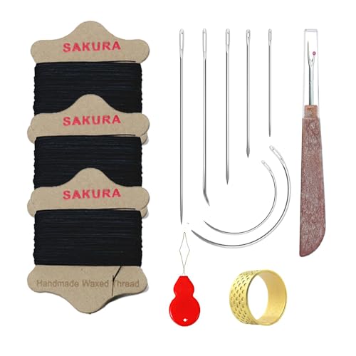 SAKURA Upholstery Repair Kit, 0.55mm ，Round Waxed Sewing Thread (3 Colors) & Heavy Duty Needles (7 PCS) for Leather, Canvas & Quilting Thread (3-Black) - color: 3-Black