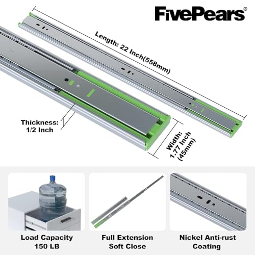 FivePears 2 Pairs 22 Inch Heavy Duty Soft Close Drawer Slides, 150 Lb Load Capacity Full Extension Ball Bearing Side Mount Drawer Runner, Rv Tool Box Kitchen Cabinet Drawer Self Closing Glide Rails