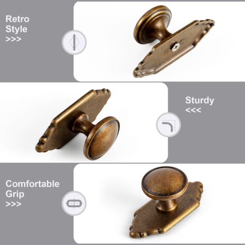 6Pack Antique Brass Cabinet Knob with Backplate Round Drawer Knob - color: Antique Brass, style: Crown Crest