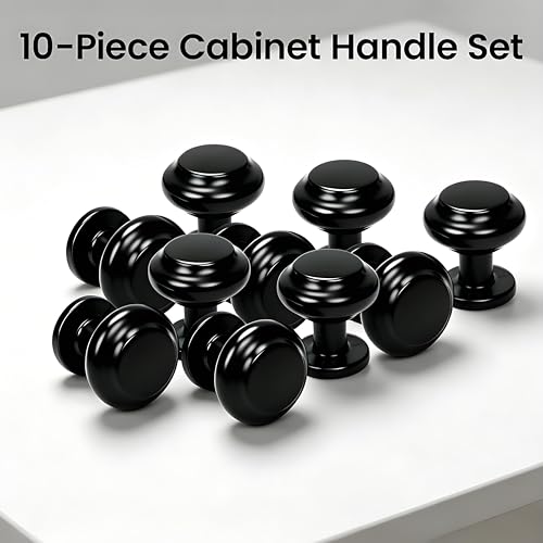 10 Pack Matte Black Cabinet Knobs, Single Hole Round Drawer Knobs, Zinc Alloy Modern Hardware for Kitchen Cabinets, Bathroom Vanity, Dresser, Closet Drawers
