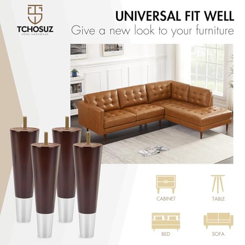 7 Inch / 18 cm Wood Furniture Legs with Silver Caps, Set of 4 Mid-Century Modern Solid Wood Round Replacement Feets with Hanger Bolt for Home DIY Cabinet Cupboard Ottoman with Cover